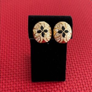 Vintage St. John Crystal Clear & Black Enamel Gold Tone Evening Clip-On Earrings